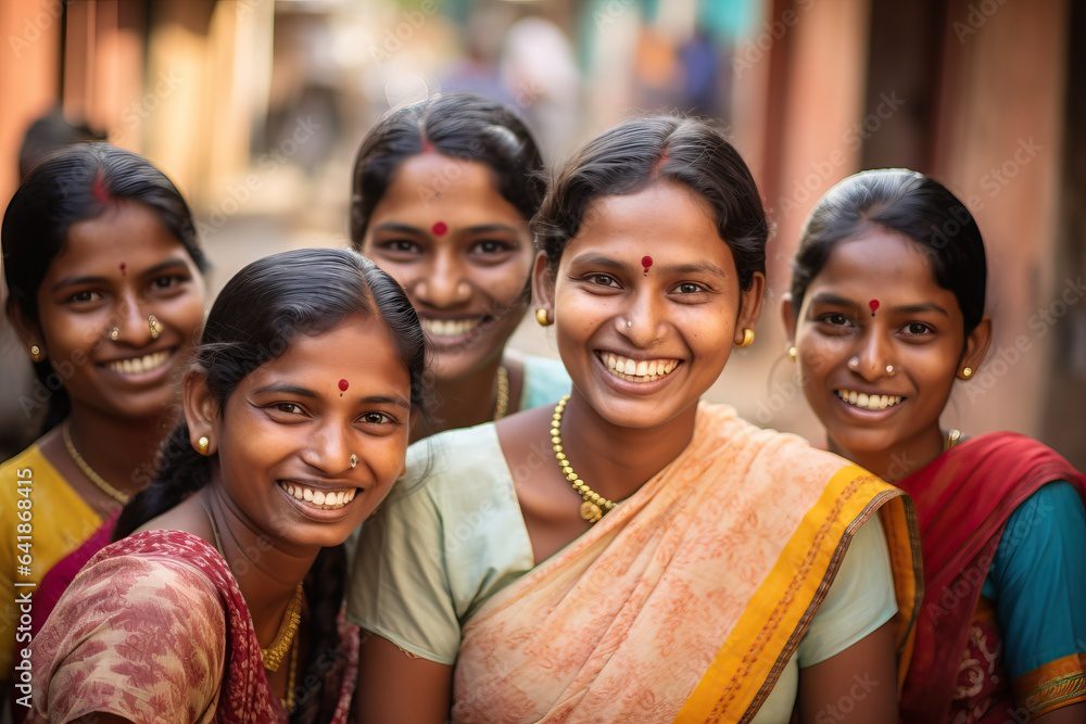 a group of women wearing saris and smiling