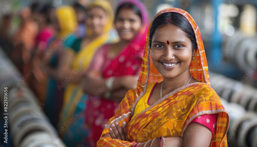 indian rural women group standing confidently at factory